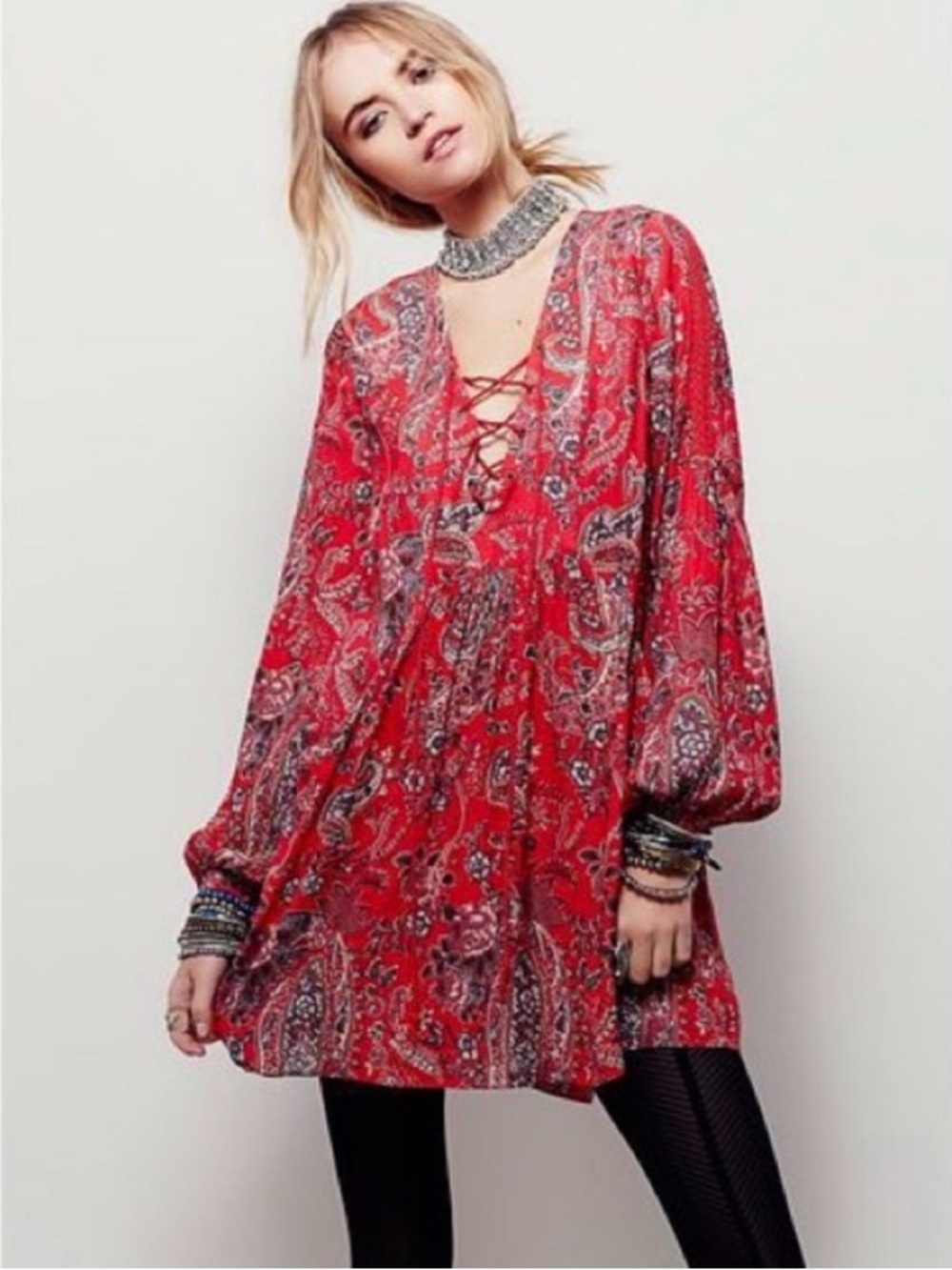 Free People Rain or Shine Paisley Tunic Mini Dress Red Poppy Combo Size M